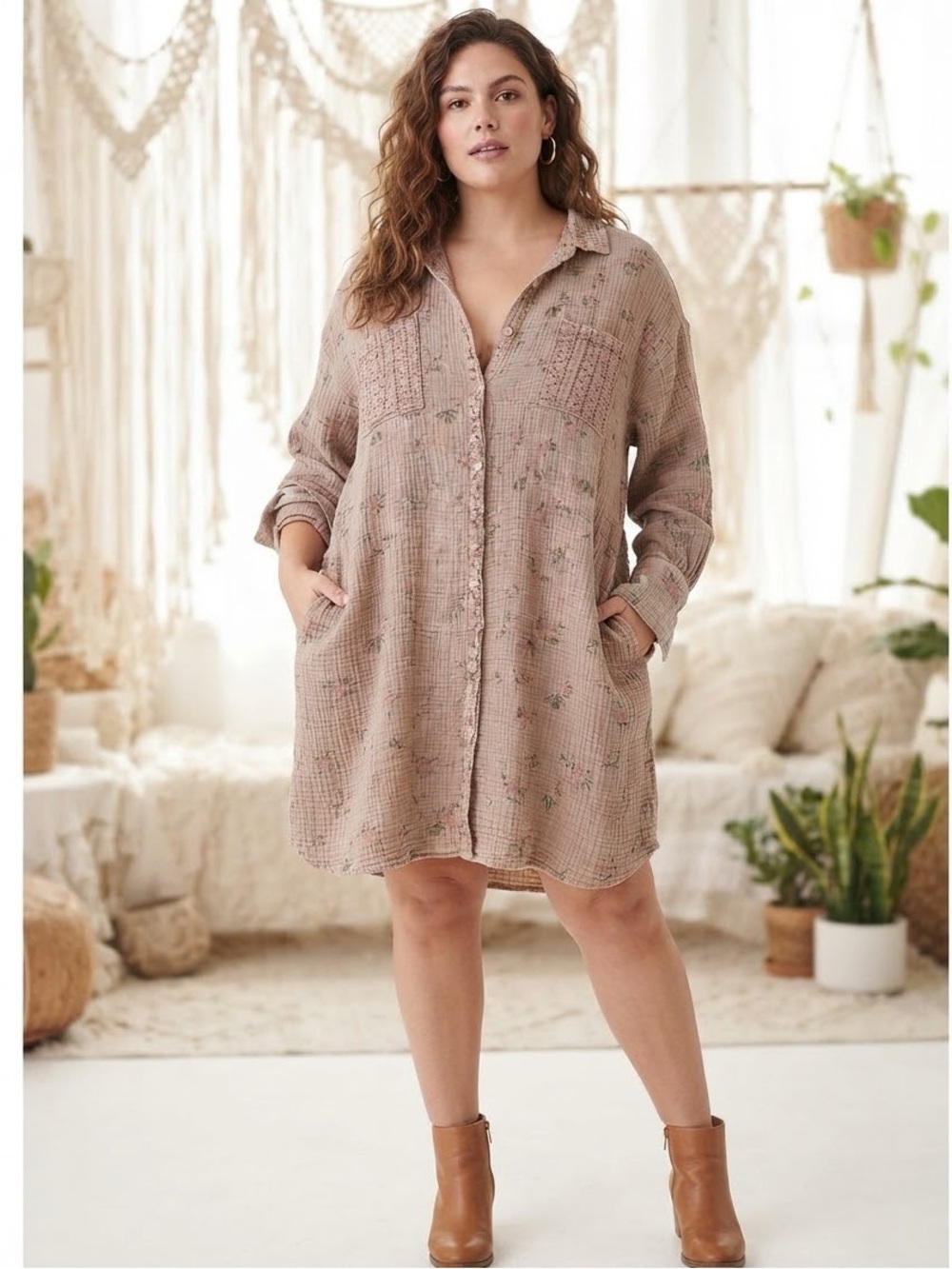 NWT Easel Plus Size 2X Boho Rose Floral Gauze Shirt Dress Tunic with Pockets